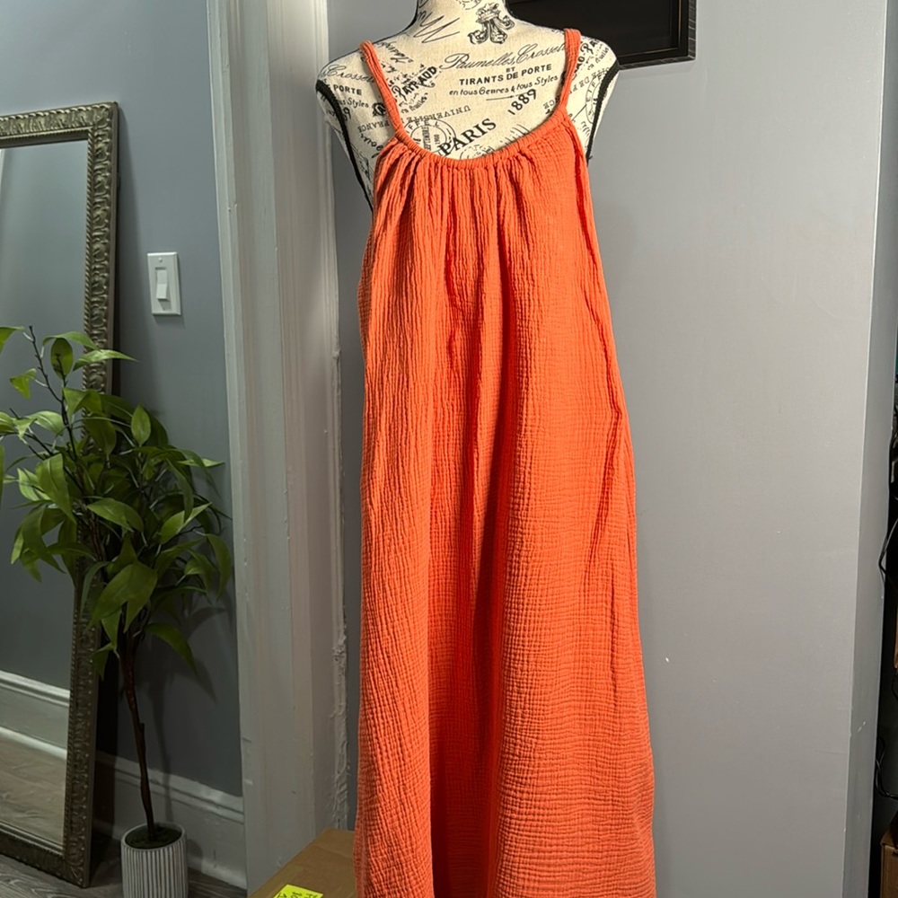 Kona Sol Stretchy Neon Orange Peach V-Neck Open Back Long Beach Sundress S/M